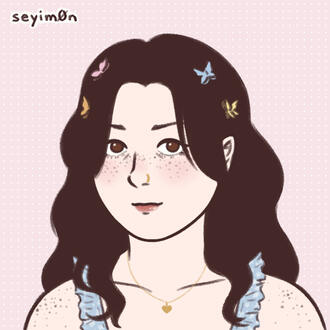 A cartoon avatar depicting a white woman on a pale pink background. She has dark brown hair and brown eyes. She wears a gold nose ring and butterfly clips in her hair.